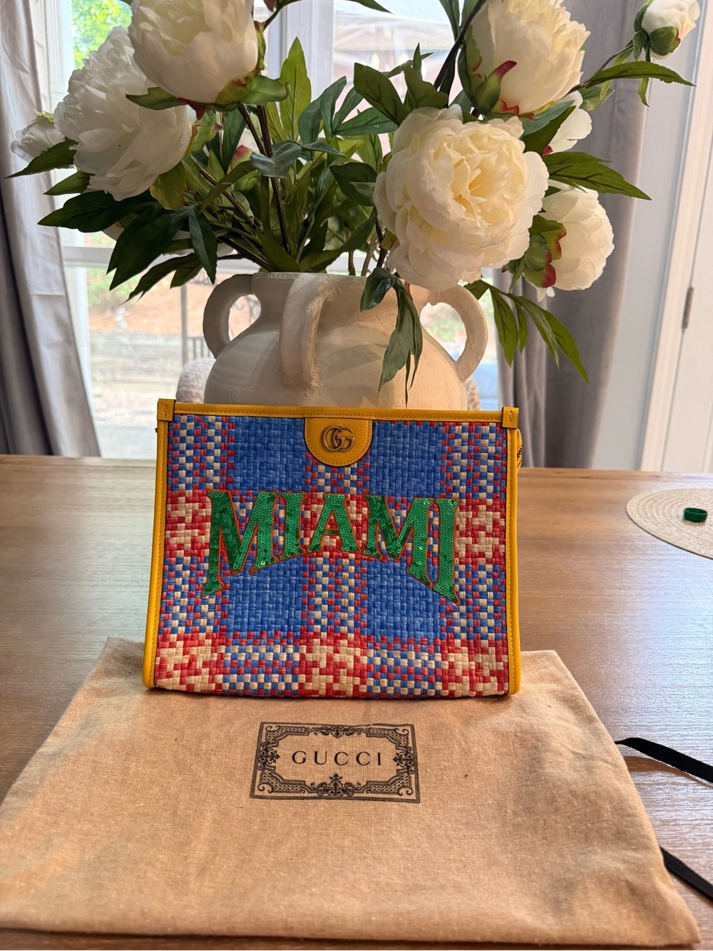 Gucci Multicolor Woven 'MIAMI' Pouch with Yellow Trim